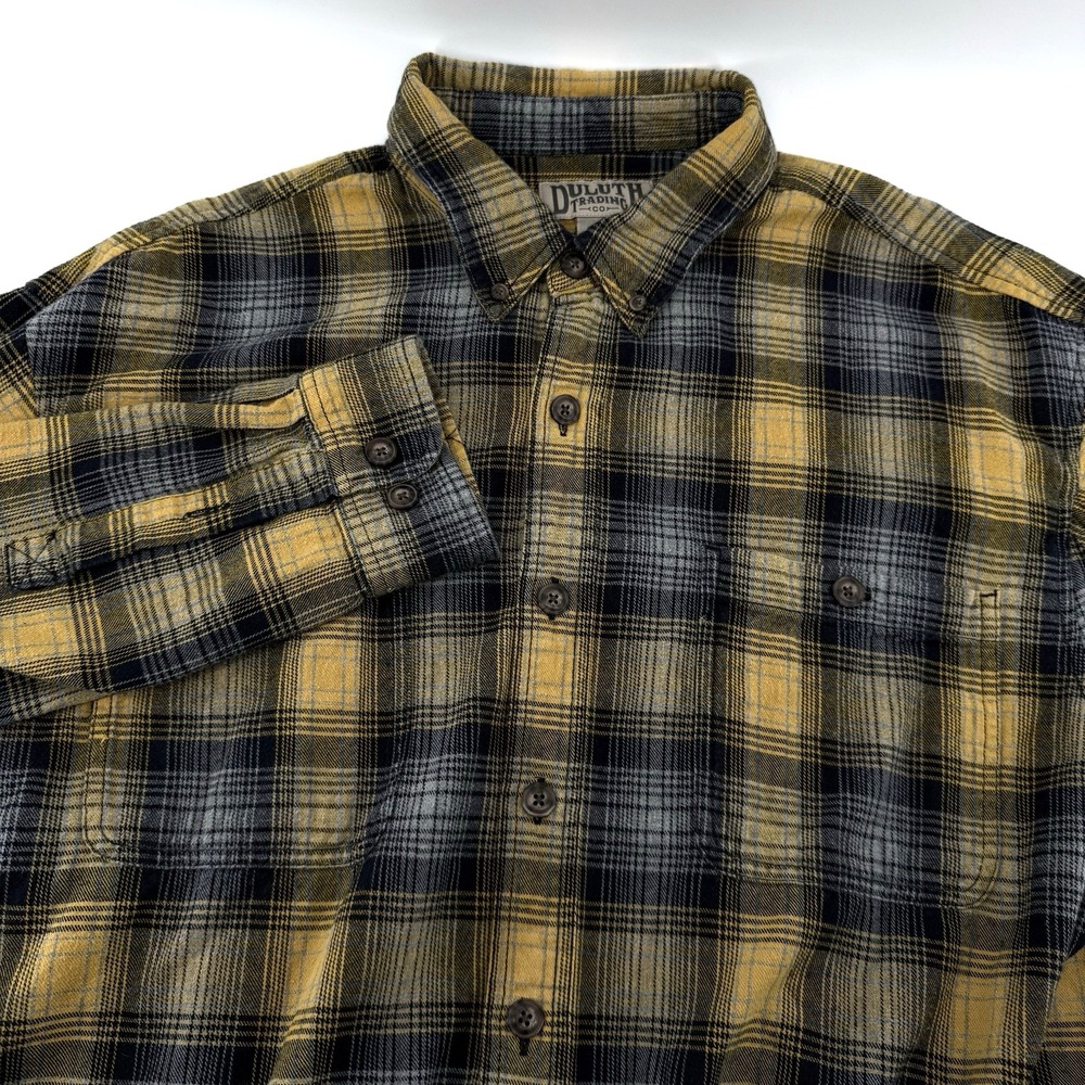 Duluth‎ Trading Co Flannel Button Up Shirt Mens XL Tall Plaid Long Sleeve Yellow